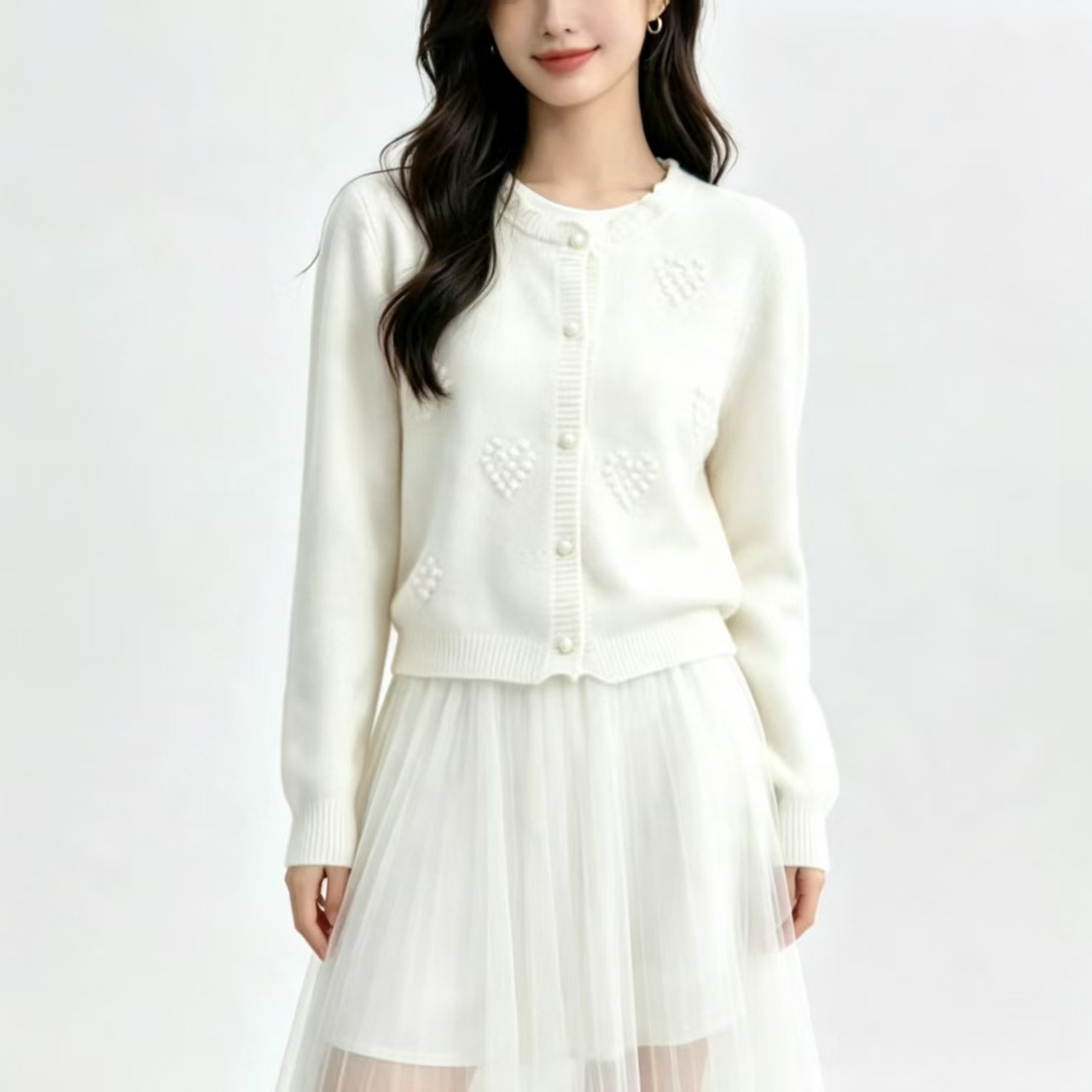 纯色立体爱心提花毛衣女2026春秋新款纯色温柔风百搭针织开衫外套