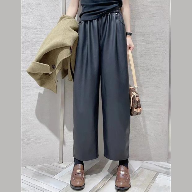 2025新款皮裤女秋季韩版pu皮高腰阔腿裤九分裤百搭时髦哈伦裤女款|undefined