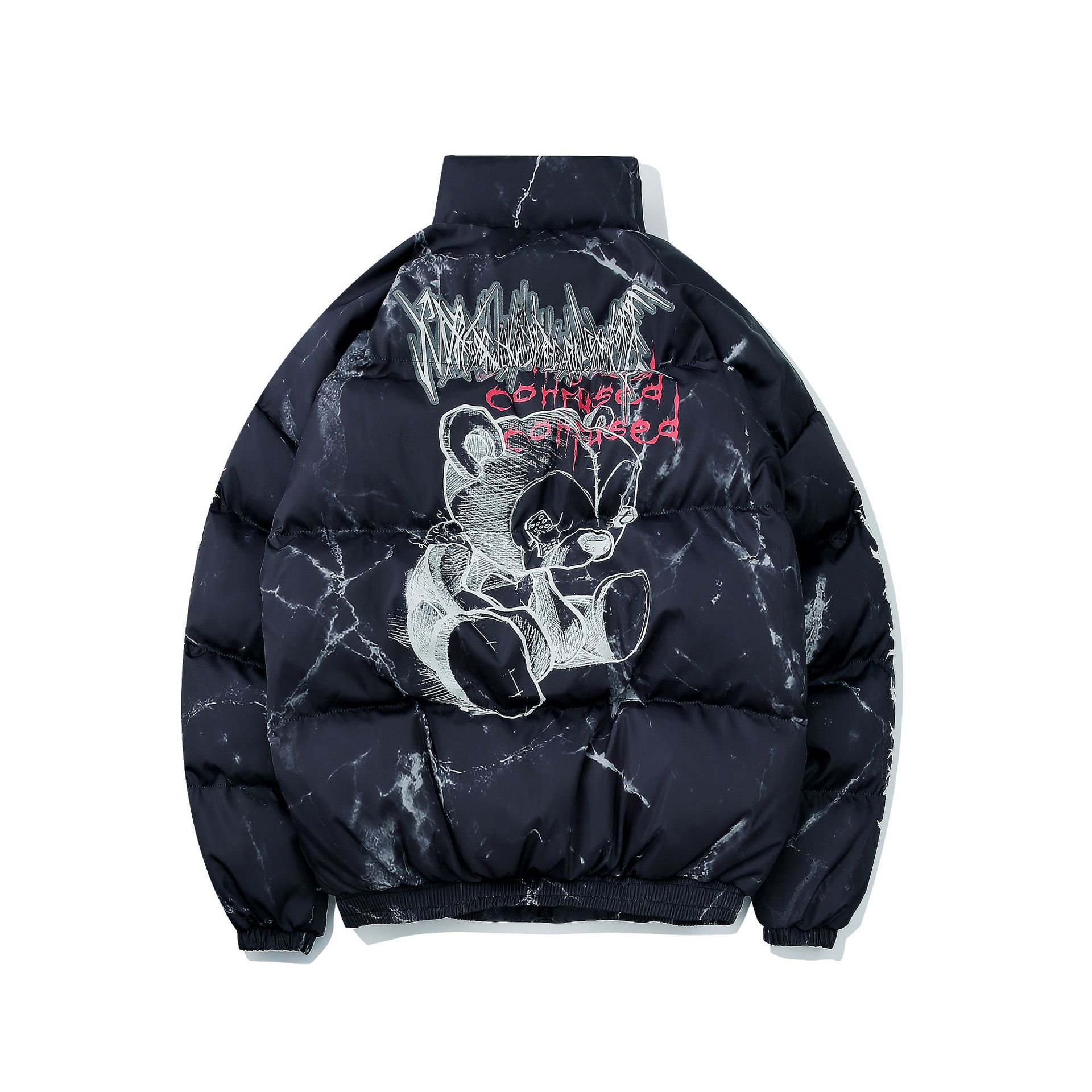 Men's Clothing dark bear graffiti print loose cotton jacket high street hip hop couple bread coat_viptrois.com