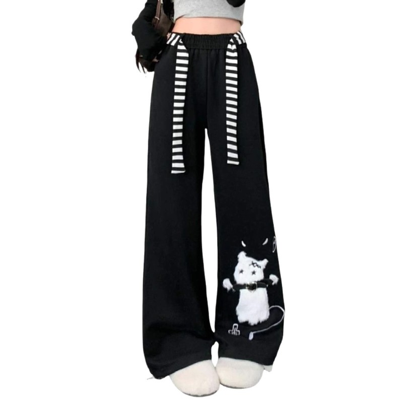 プラスサイズファットMMアメリカンかわいい猫黒カジュアルスウェットパンツ女性の春夏怠惰なスタイルのルーズワイドレッグパンツ|undefined