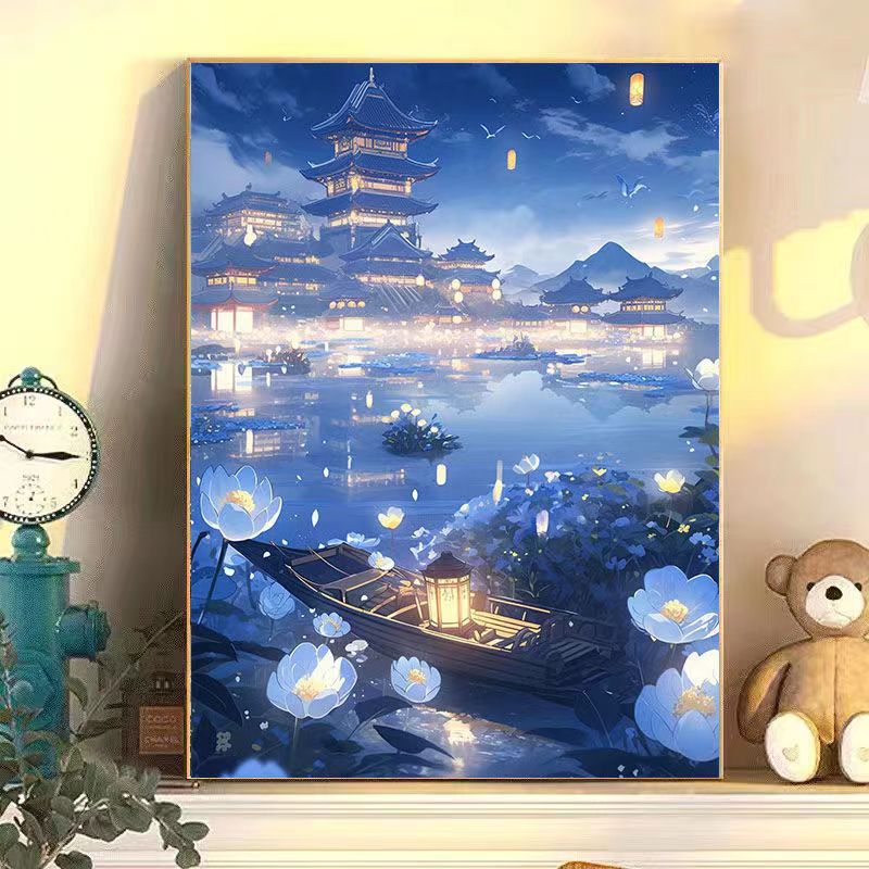 Pintura al óleo digital de estilo antiguo estilo arquitectónico de la dinastía Tang, relleno a mano, relleno de agujero, lámpara acrílica, sala de estar nueva