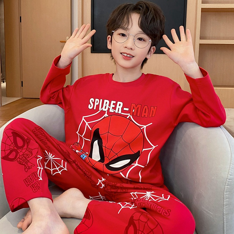 Boys' pajamas spring and autumn pure cotton long-sleeved children's homewear Big Red New Year Boy's new year suit