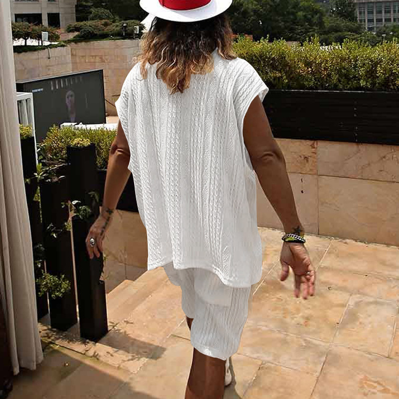 Men's Summer Jacquard Knit Short Sleeve Shirt And Shorts Set, Comfortable Casual Lounge Wear_viptrois.com
