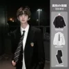 [Double-buttoned] Black suit + DK shirt + black trousers [Three-piece set] [Free navy blue tie]