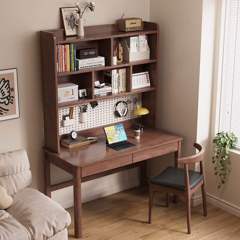 Solid Wood Desk Bookshelf Hole Board Integrated Table Small Apartment Bedroom Study Table Home Office Desk Study Computer Desk