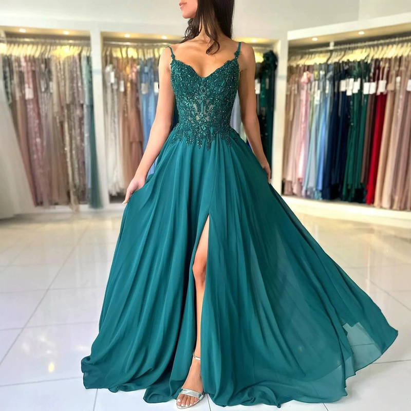 Cross-Border Fine Strap Sequined Evening Dress with V-Neck, High Slit, Flowing Floor-Length Gown, Graduation Ball Gown