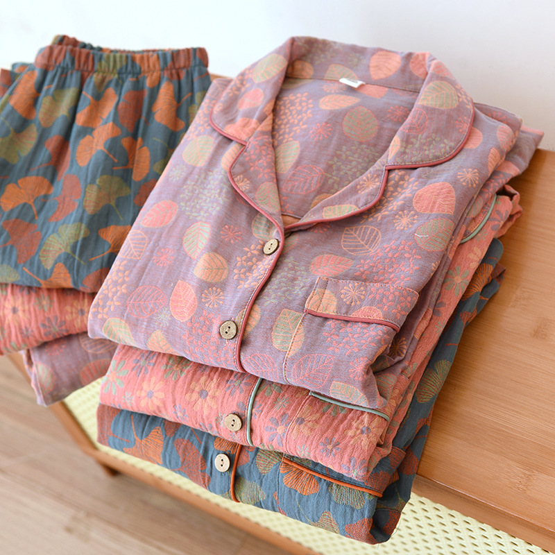 Traje de pijama de gasa de doble capa jacquard teñido con hilo de primavera y otoño para mujer, pantalones de manga larga de algodón crepé lavado, ropa para el hogar