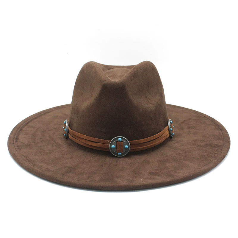 Suede cowboy hat, men’s jazz/fedora style, bow and concho band, 56–59 cm