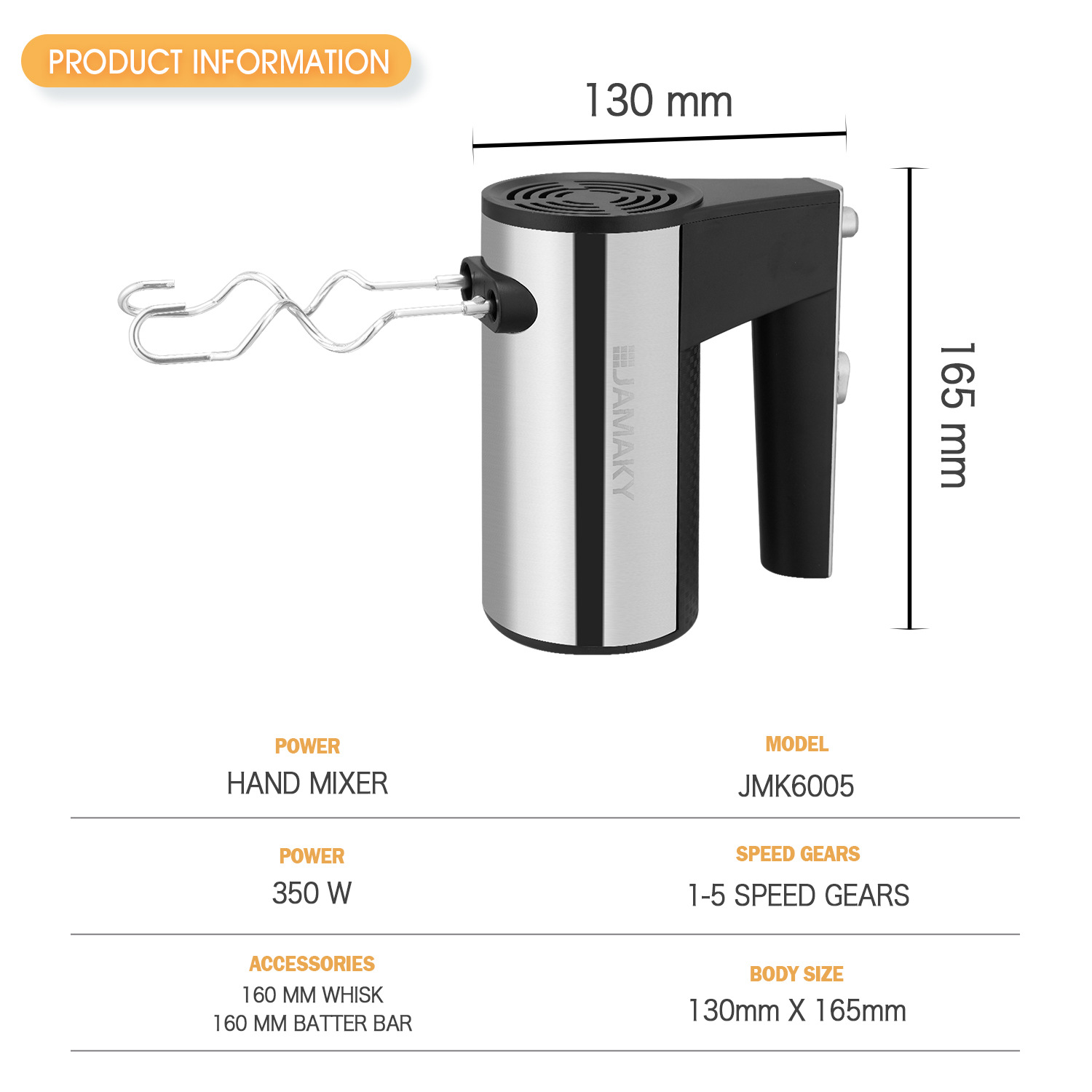 JAMAKY Home Frusta elettrica portatile Frusta ad alta potenza regolabile a 5 velocità e miscelatore per crema di farina_voghion.com