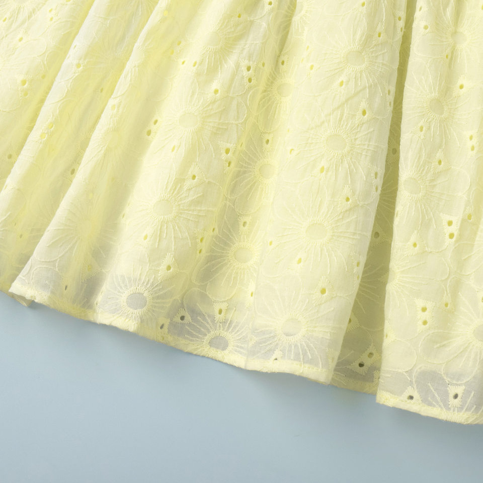 Đầm ngắn cotton màu vàng cổ chữ V thắt eo, tay phồng thêu họa tiết — Màu vàng chi tiết 14