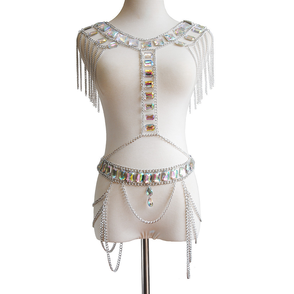 Conjunto de cadena corporal y de cintura con gemas, estilo europeo y americano, nuevo, sexy, con doble cadena de hombro, para discoteca, playa y orilla del mar.