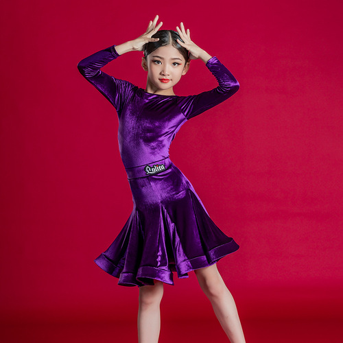 Girls Violet velvet competition Latin dance Dresses Latin Performance Suit  for kids Standard ballroom latin dance costumes