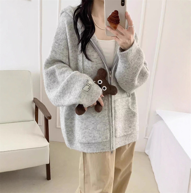 软糯连帽拉链毛衣开衫外套女秋冬新款宽松慵懒风加厚休闲针织上衣|undefined