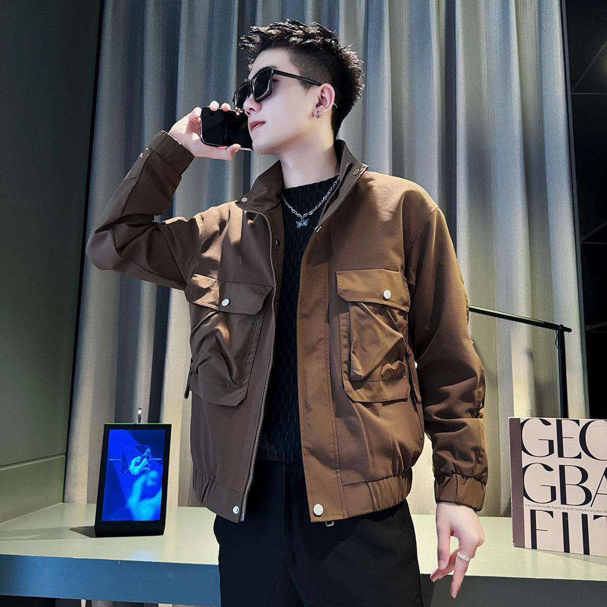 Short Standing Collar Jacket For Men's Spring And Autumn Workwear, Casual Jacket, Men's Jacket_voghion.com