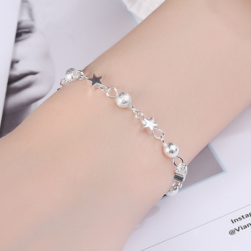 Japanese and Korean Version Sand Beads Small Stars Silver Bracelet Fashion Pentagon Star Accessory for Girls WeChat Official Account Supply Wholesale Agency