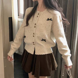 温柔风甜美蝴蝶结单排扣长袖毛衣针织衫女早秋高级感气质修身上衣