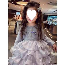 女童小香风连衣裙秋装2024新款洋气儿童网红蛋糕裙女孩网纱公主裙