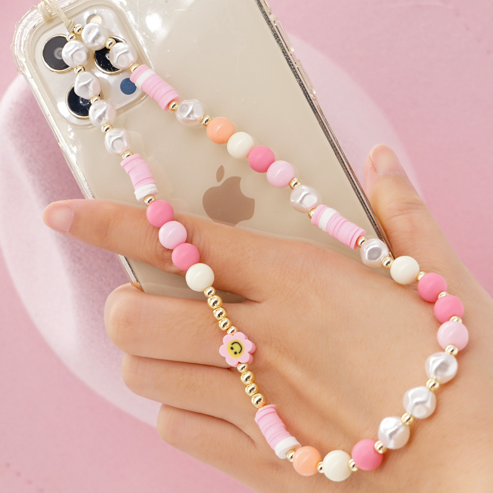 European And American Bohemian Style 8mm White Imitation Pearl 8mm Acrylic Round Beads Anti-lost Wrist Lanyard Mobile Phone Charm Women display picture 1