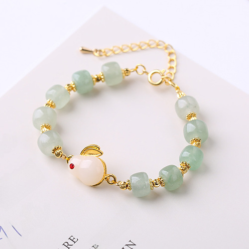 New Chinese Style Natural Green Dongling Jade Rabbit Bead Bracelet, National Style Minimalist Traditional Rabbit Bracelet for Animal Year