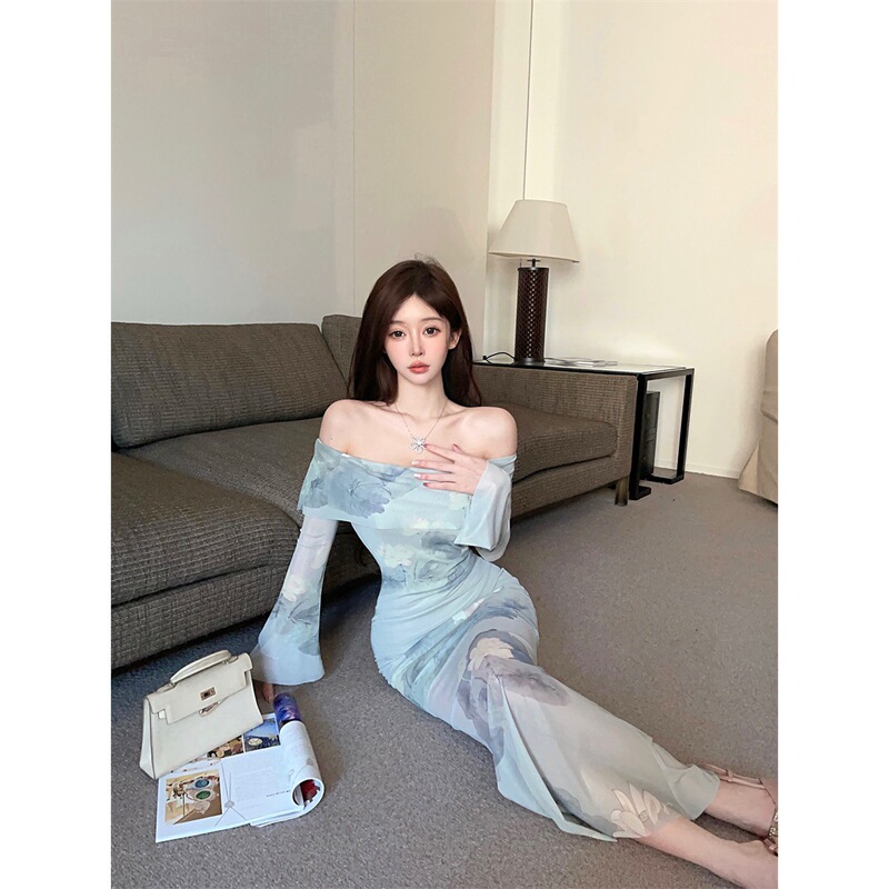 New Chinese Style One-Shoulder Mesh Long-Sleeved Dress for Women Summer Sexy Slim Fit Hip-Hugging Fishtail Dress Cheongsam Long Skirt