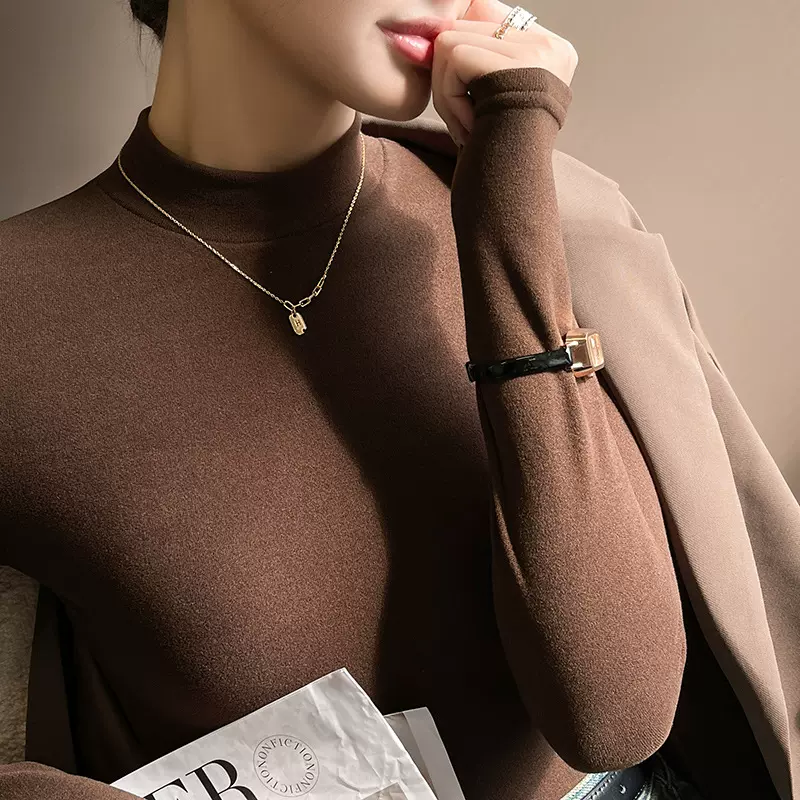 德绒半高领打底衫女秋冬新款双面磨毛针织衫内搭加绒加厚长袖上衣