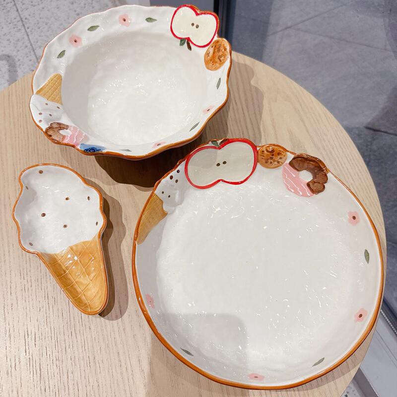 Cartoon Apple Relief Underglaze Ceramic Tableware Set Handmade Rice Bowl Soup Noodle Bowl Home Dish Plate Deep Wholesale