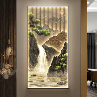 流水生财玄关装饰画入户门走廊过道挂画新中式山水竖版客厅带灯画-阿里巴巴
