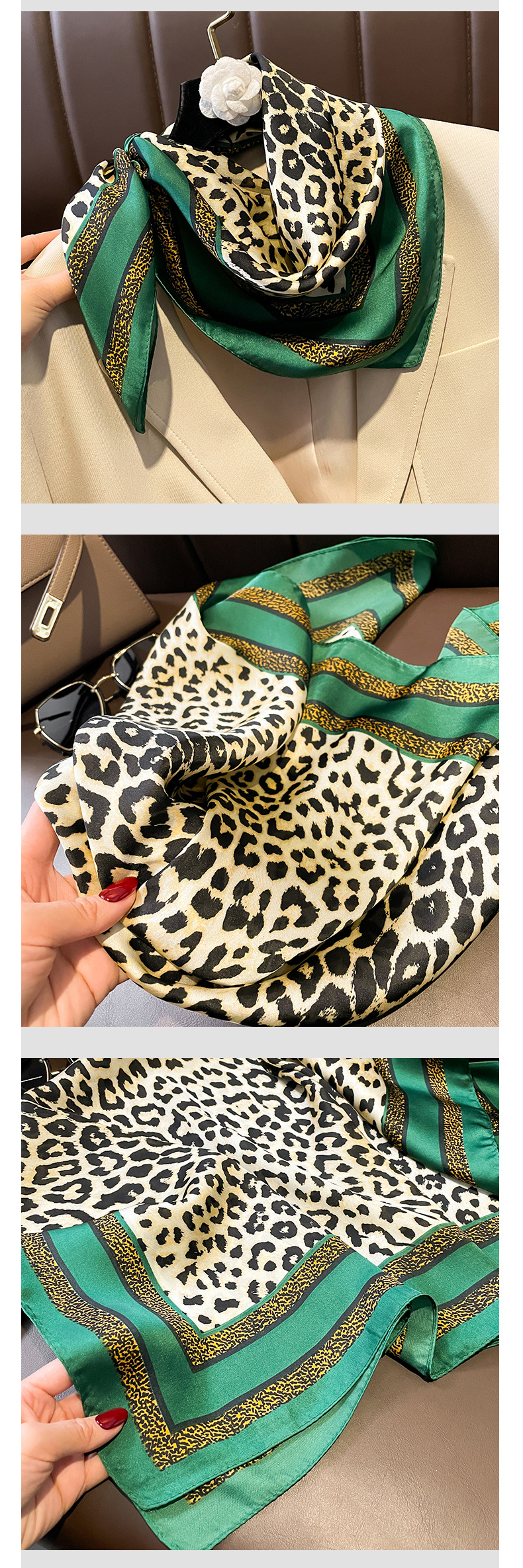 Printing Design Elegant, Business Style Women's Elegant Business Color Block Leopard Satin Printing Silk Scarf