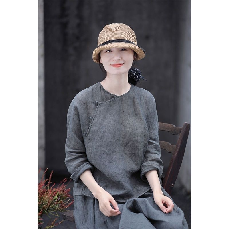 Summer Linen Loose Breathable Fluffy Round Neck Slanted Placket Light Chinoiserie Shirt Lining 2950B