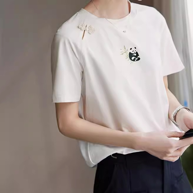 2024年新中式国风盘扣短袖T恤女夏季优雅气质简约白色半袖上衣