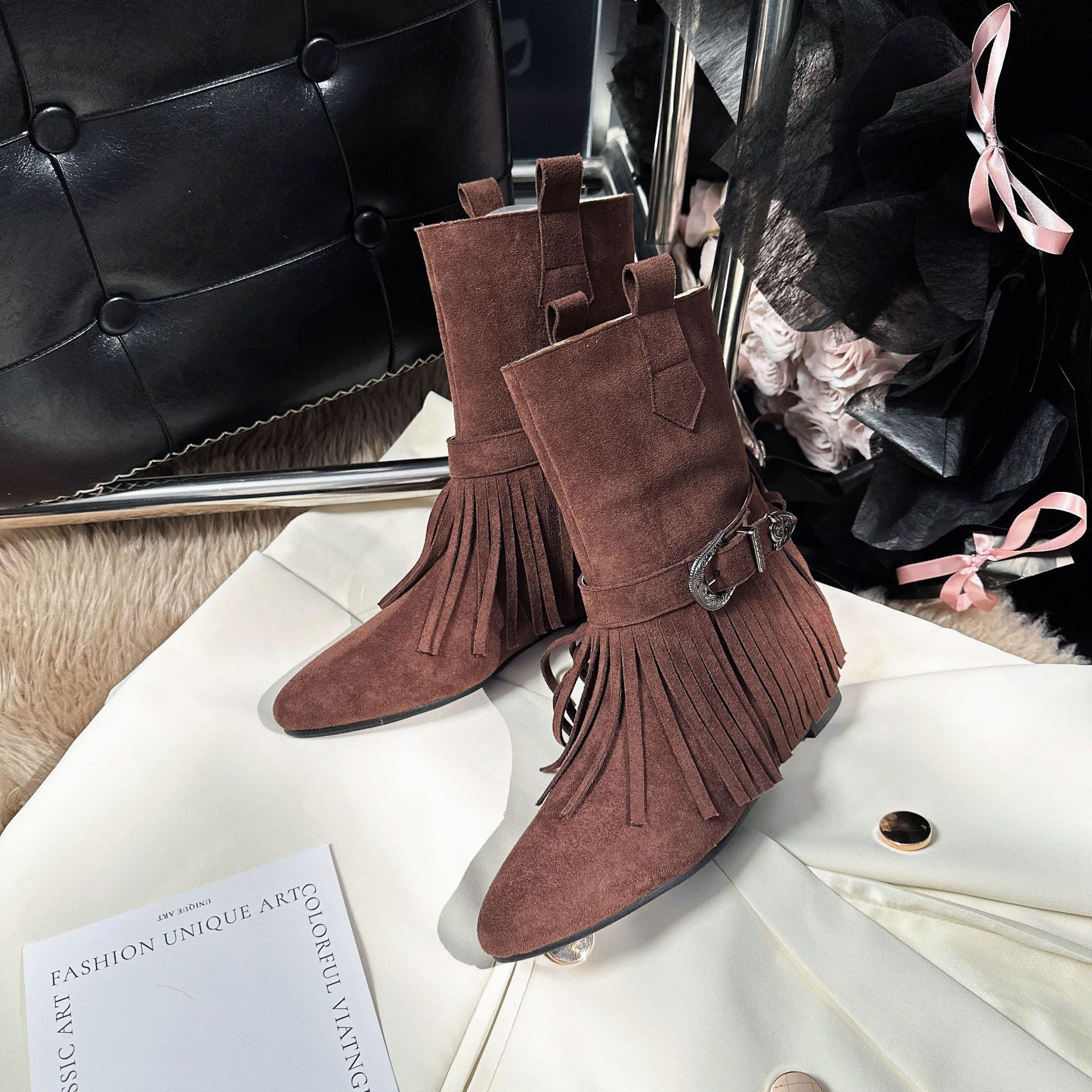 Botines Vaqueros para Mujer con Aumento de 5 cm, Terciopelo, Antideslizante, para Otoño e Invierno