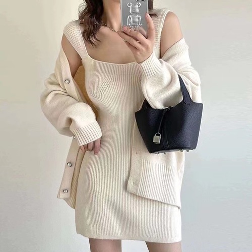 Korean Chic Autumn/Winter Retro Cardigan Long-Sleeve Knitted Sweater Coat + Square-Neck Slimming Strap Dress