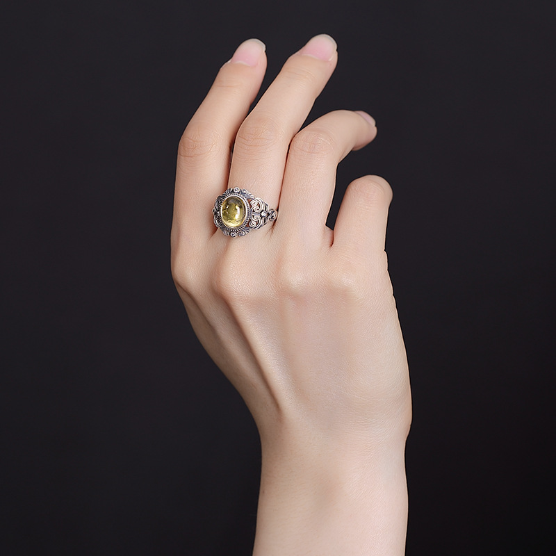 Nhẫn bạc S925 đính đá Citrine tự nhiên hình bầu dục rỗng họa tiết xoắn phong cách châu Âu — một mảnh