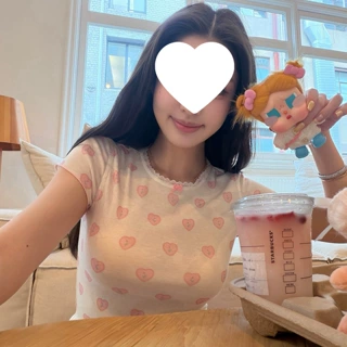 早安樊樊with love爱心印花正肩蕾丝短袖T恤