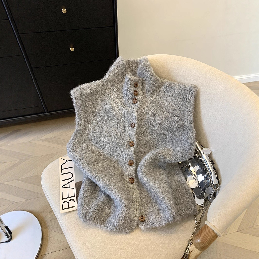 Apricot Soft Waxy Knitted Vest Cardigan for Women Autumn and Winter New Korean Style Loose Stand-Up Collar Sleeveless Sweater Vest Jacket Trendy