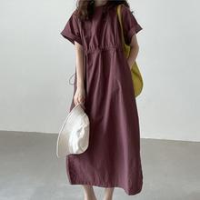 韩版chic夏季款简约风复古气质高腰宽松后背小心机设计短袖连衣裙