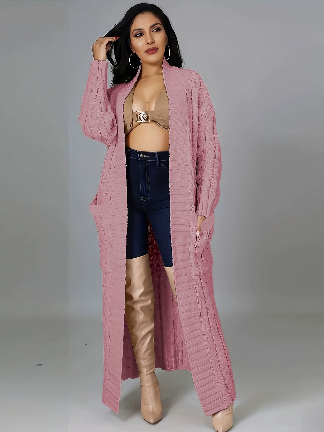 2025 новый трансграничный европейский и американский удлиненный вязаный кардиган модный однотонный вязаный кардиган