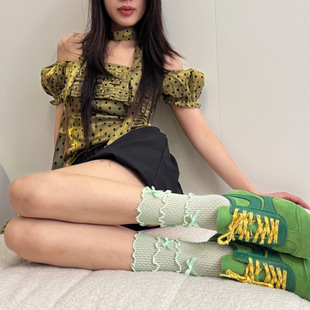 New Candy-colored Dopamine Girl's Three-channel Fungus Lace Bow Fishnet Stockings Socks
