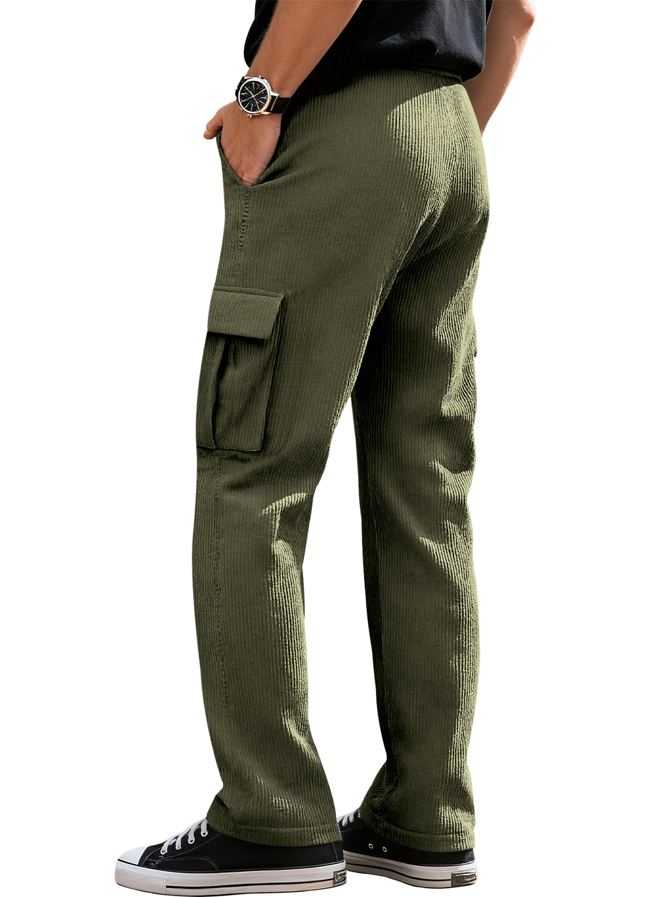 Monochrome Herren-Sommer-Arbeitshose im amerikanischen Retro-Stil, lässige Sporthose, lockere, gerade Cordhose mit weitem Bein_voghion.com