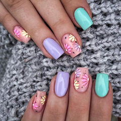 Fresh Summer Floral Medium Length European and American Fragment False Nails Lake Green Taro Purple Pure Color Wearable Nails