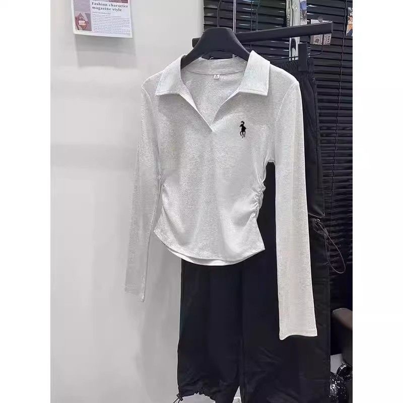 Women's Slim Fit Embroidered Base Layer T-Shirt Long Sleeve Collared Design Off-Shoulder Top For Autumn Winter Unique Style_voghion.com