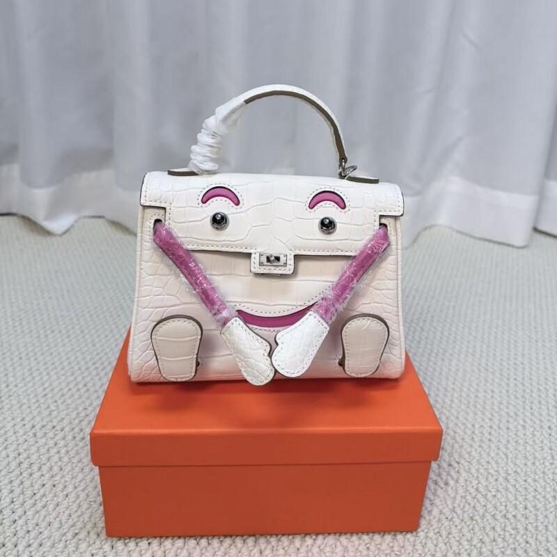 Millennial Kelly Bag Smiley Face Bag Genuine Leather Mini Handbag First Layer Cowhide Crocodile Pattern Single Shoulder Crossbody Bag for Women