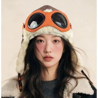 新款飞行帽拼接眼镜雷锋帽子女款秋冬季加绒保暖护耳防寒滑雪帽潮