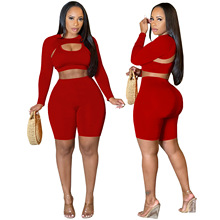 4695跨境欧美运动女装 纯色运动背心、长袖套、短裤套装  3件套