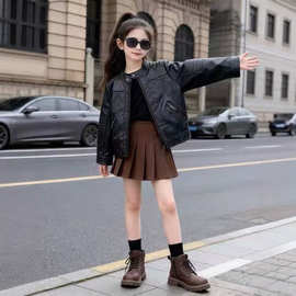 童装男女童外套加绒新儿童黑色皮衣中大童短款夹克服洋气潮流062