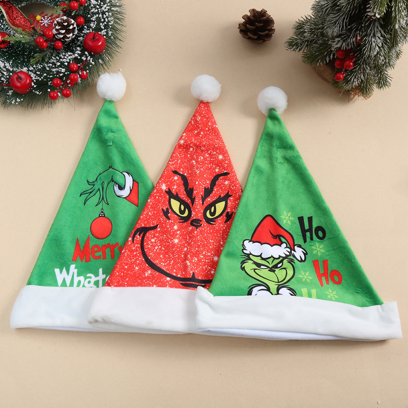 Grinch Christmas Hat Cartoon Print Green Furry Monster Christmas Hat Adult and Children Holiday Party Costume Props Wholesale Grinch Christmas Hat Cartoon Print Green Furry Monster Christmas Hat Adult and Children Holiday Party Costume Props Wholesale