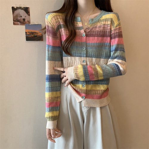 Autumn new style striped fashion all-match foreign style age-reducing dopamine wear long-sleeved knitted cardigan top for women