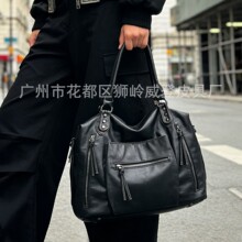 欧美复古Y2K甜酷辣妹托特包暗黑单肩包街潮机车包做旧水洗包
