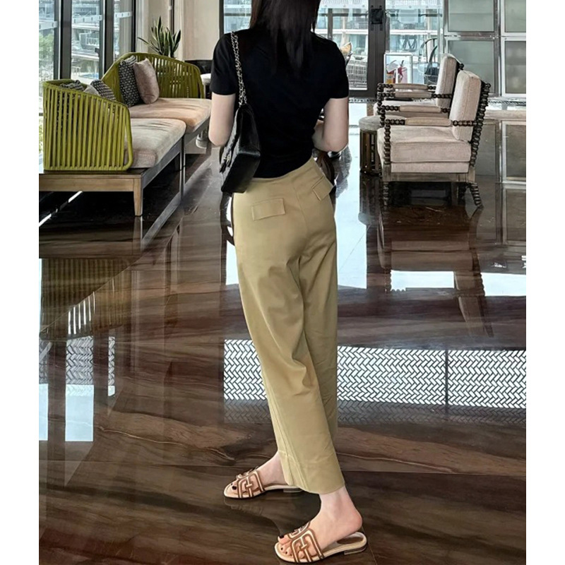 Quần tây nữ ống rộng cạp cao dáng suông kaki chín tấc mùa hè — Màu kaki chi tiết 4