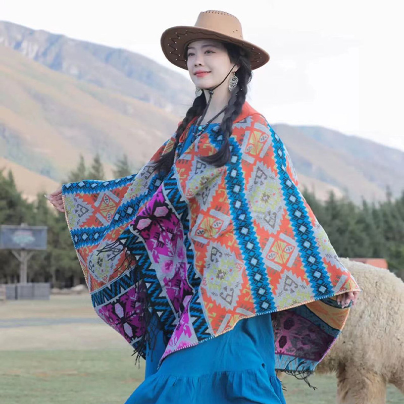 Patrón geométrico de viento nacional con chaleón sombrero capa de viento bohemio totem bufandas turísticas cálidas a prueba de viento